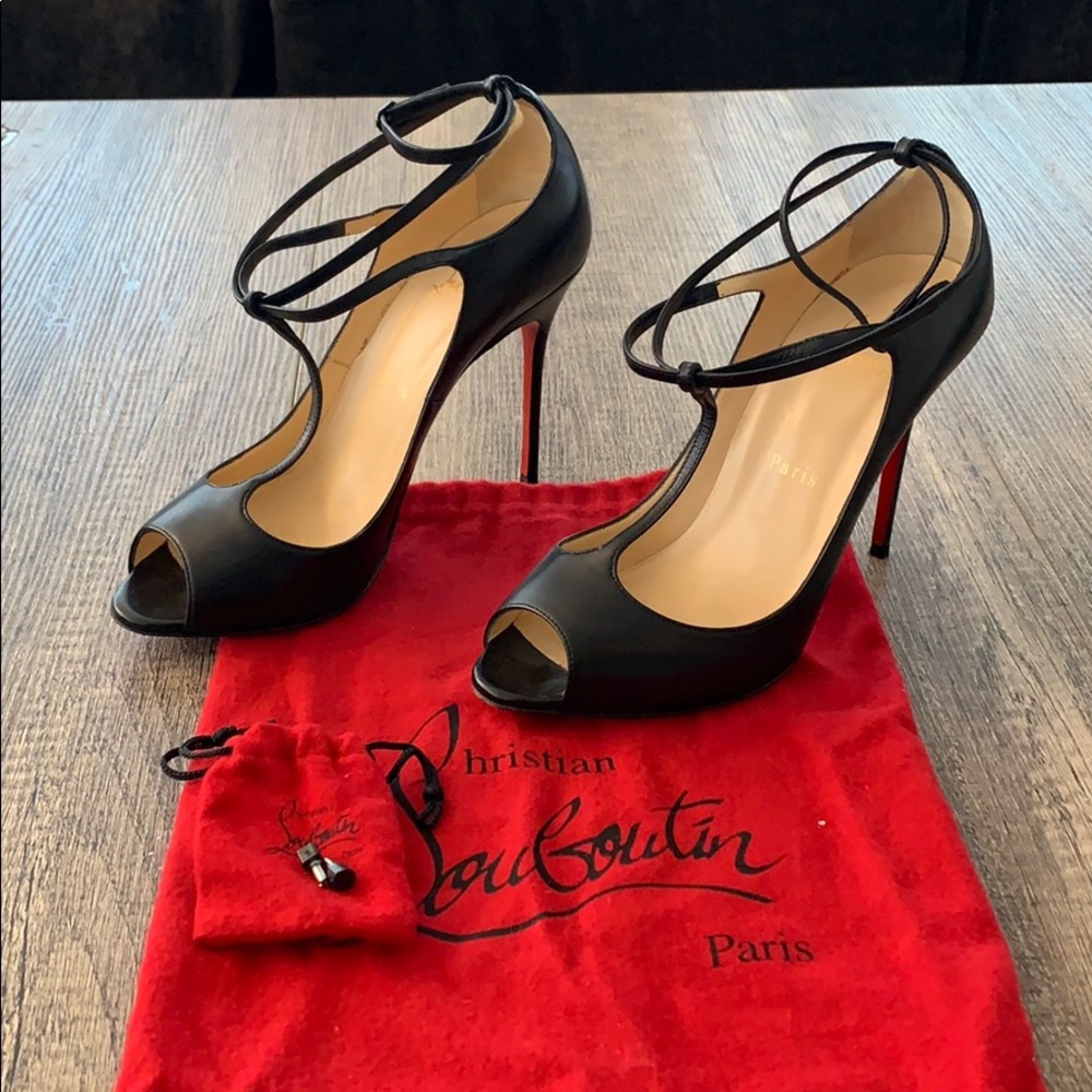 Christian Louboutin black strappy peep toe heels